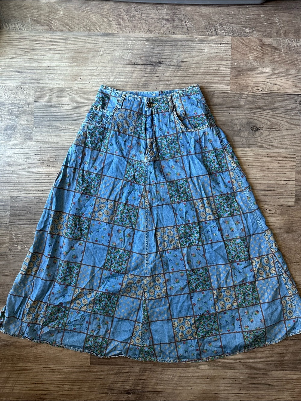 Vintage 90s Lizwear Liz Claiborne Floral Patchwork Denim Maxi Skirt Size 8